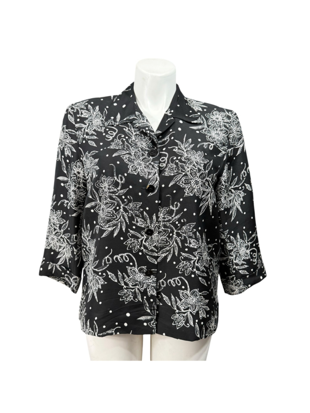 Vintage Silkland Women’s Size 14 Black White Floral Silk Blouse Jacket 3/4 Sleev